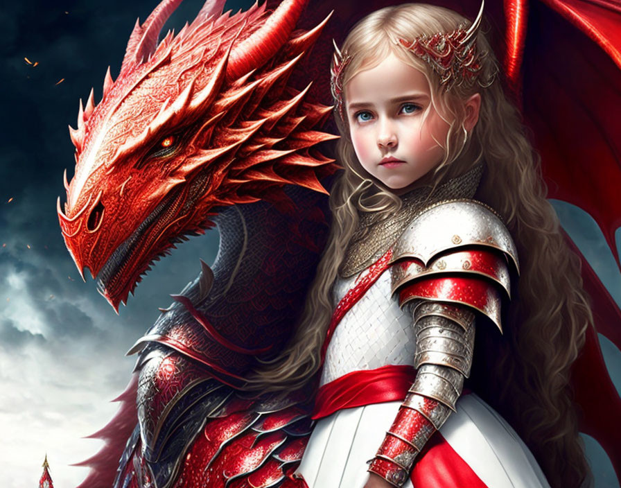 Young girl in silver armor with crown and red dragon under dramatic sky