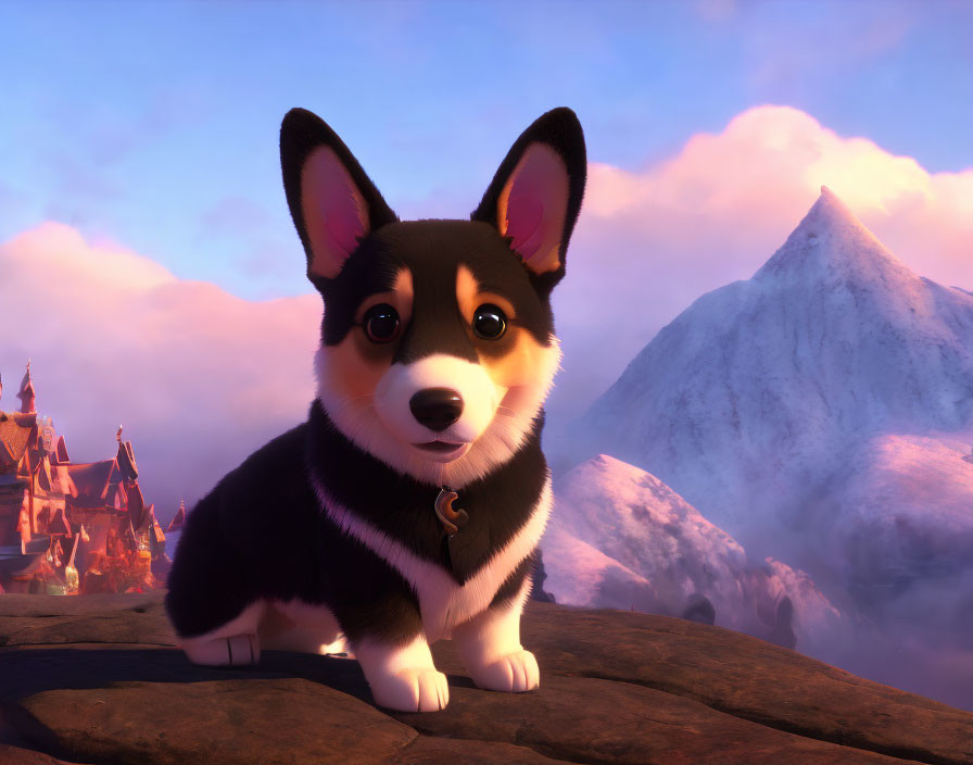 Animated corgi on rock with mountain landscape and castle in purple background