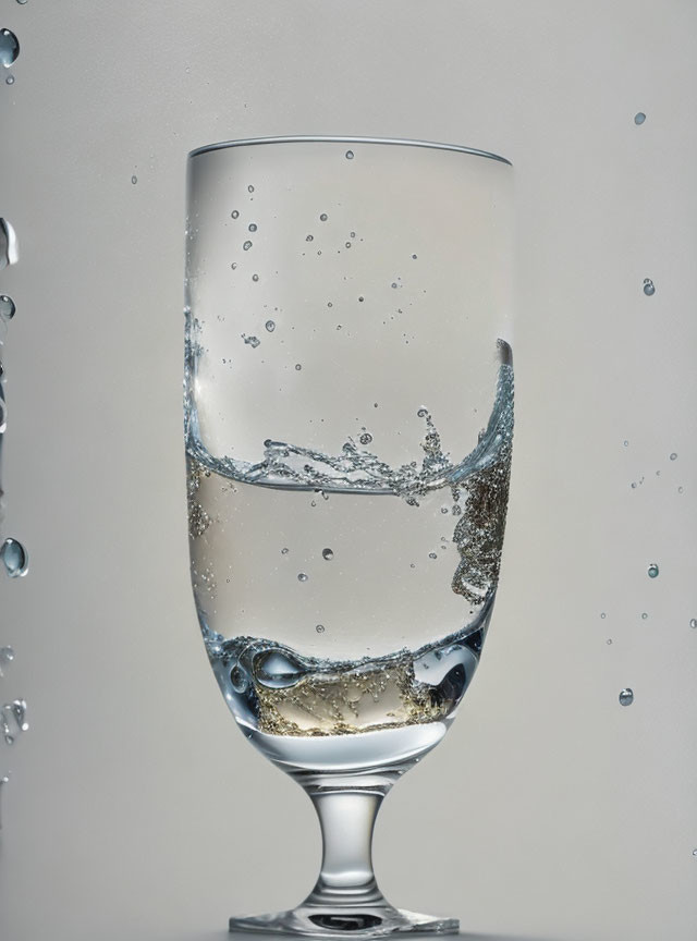Transparent glass with water, ice, splashes, and bubbles on neutral backdrop