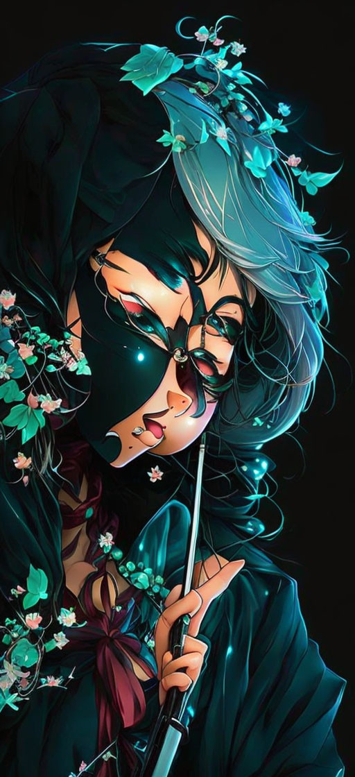 Illustration of person with flowing hair, flowers, mask, and object on dark background