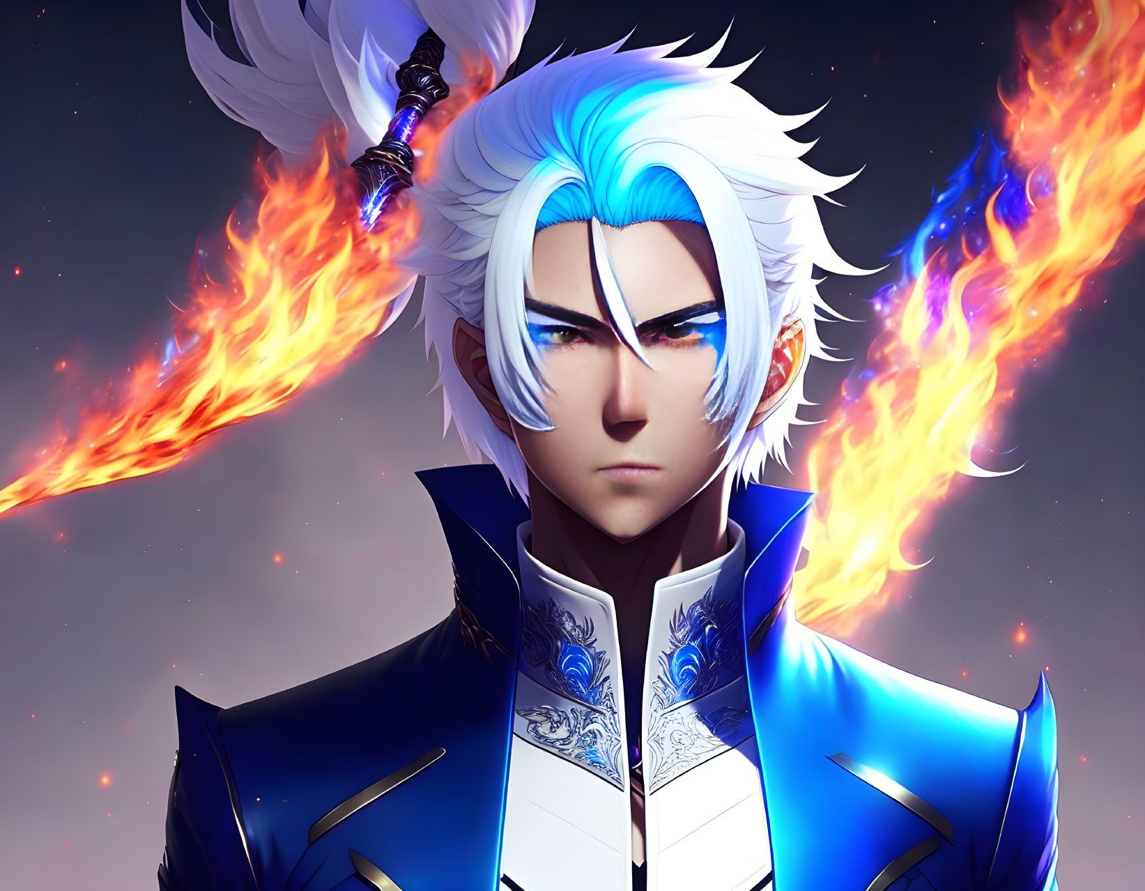 Fiery Blue-Eyed Animated Character with White & Blue Hair