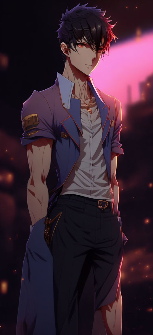 Stylized anime character with dark hair in modern outfit against city backdrop