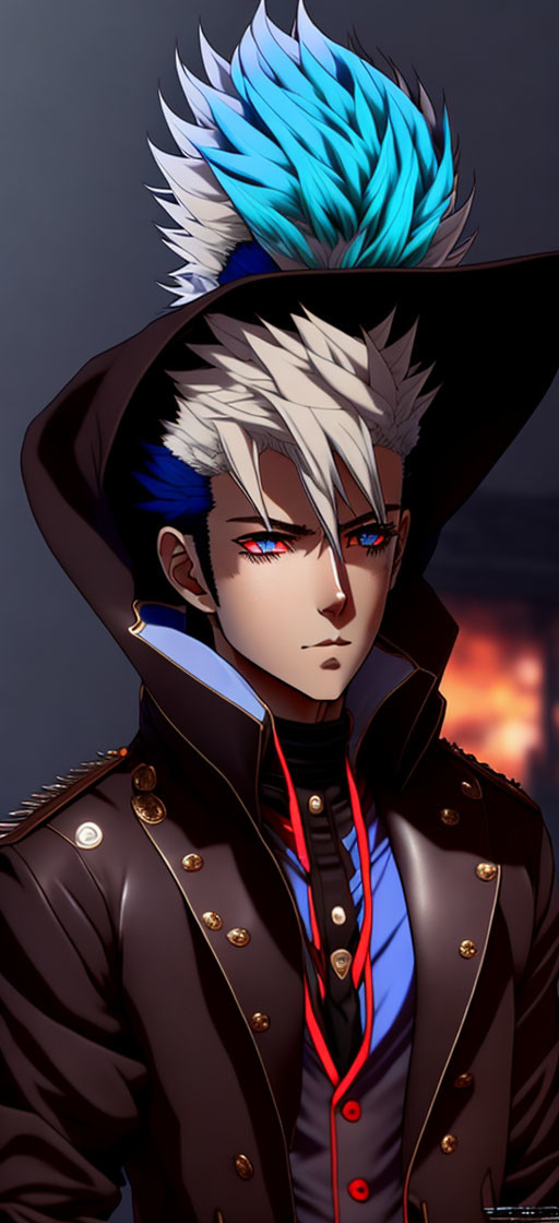 Spiky Blue and White Hair Character in Brown Overcoat on Fiery Background