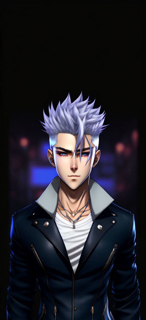 Male anime character with spiked silver hair and red/blue eyes in black jacket - digital art portrait