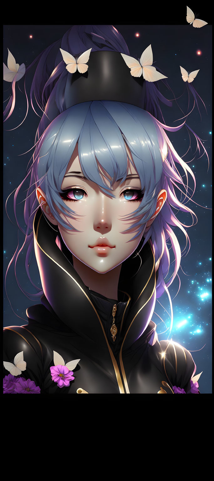 Character portrait with blue and purple hair, black hat and jacket, surrounded by butterflies and stars.