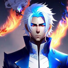 Fiery Blue-Eyed Animated Character with White & Blue Hair