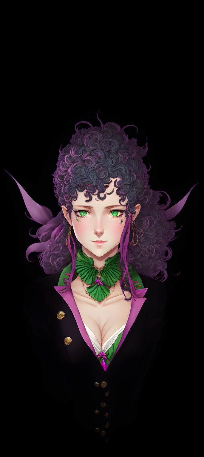 Fantasy character illustration with curly purple hair, green eyes, pointed ears, black and green outfit.