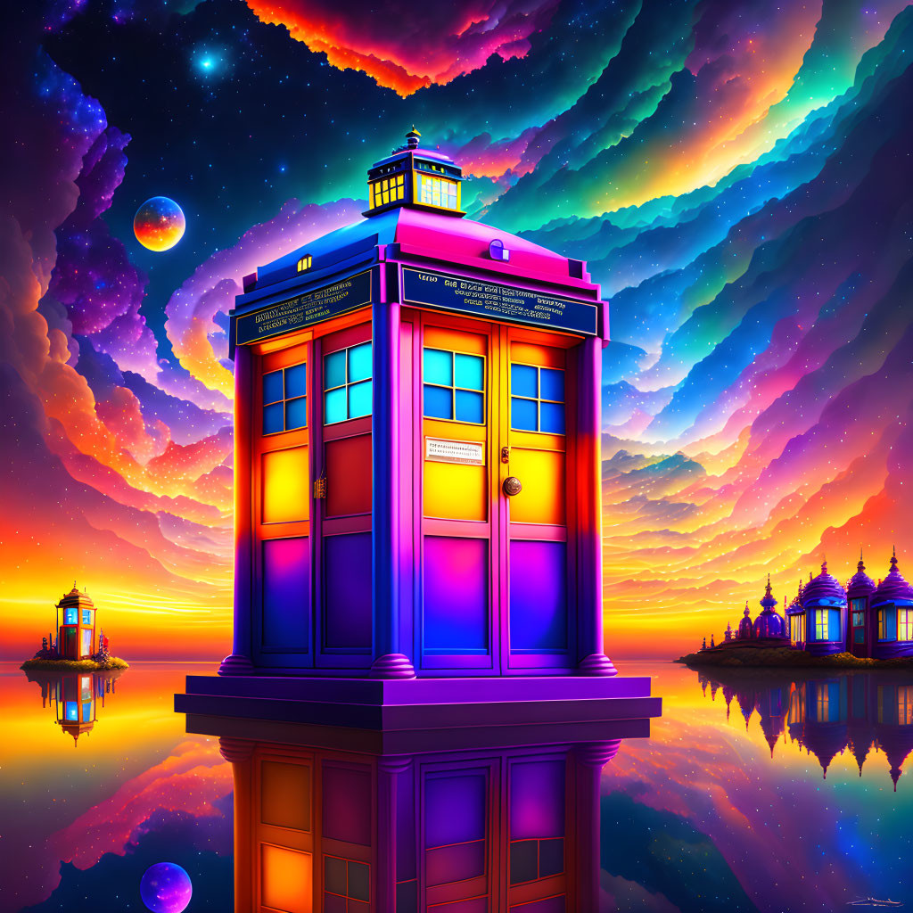 Colorful Phone Booth on Reflective Surface with Cosmic Sky and Lighthouses
