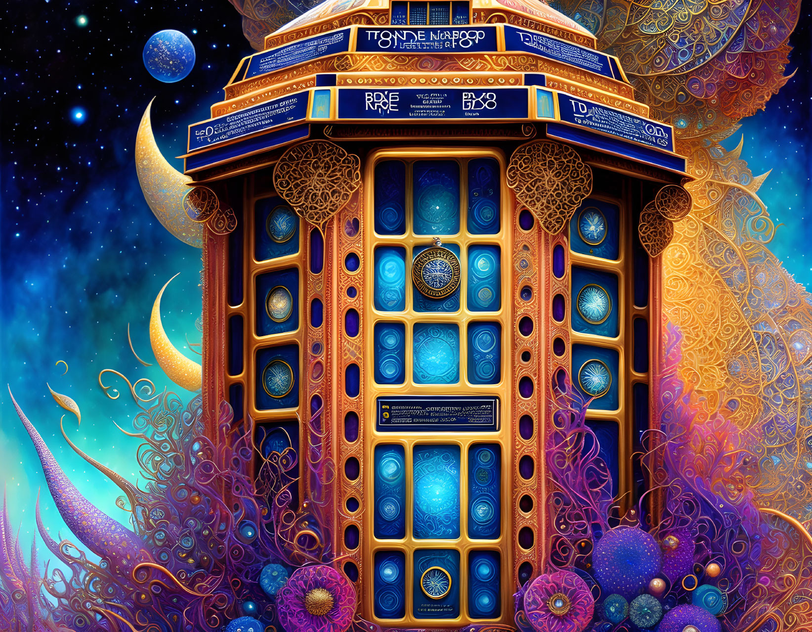 Detailed Illustration of Fantastical TARDIS in Cosmic Setting