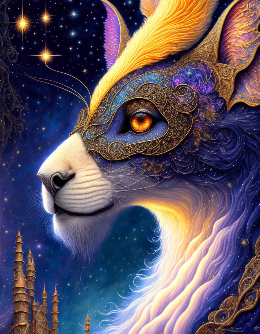 Mystical cat with golden markings under starry night sky