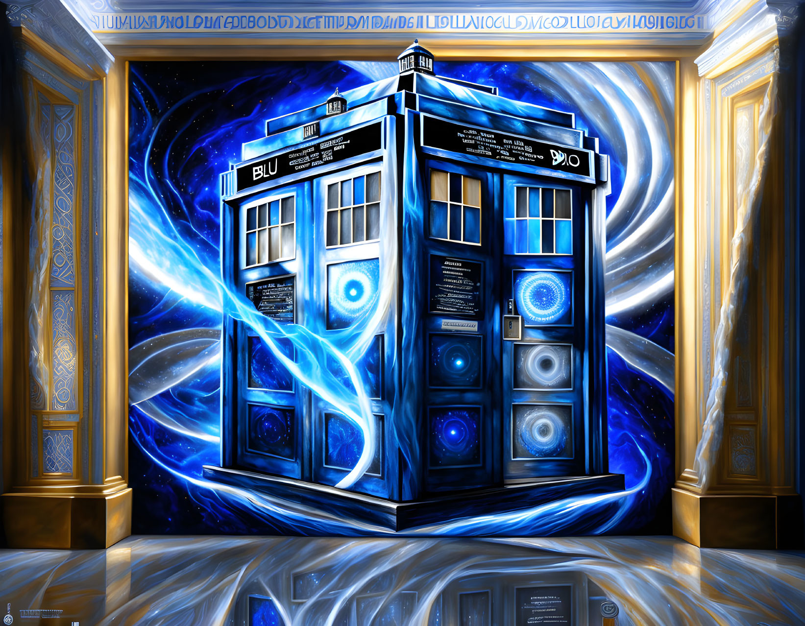 Vibrant painting: Blue police box in surreal room