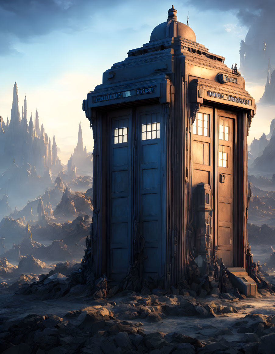 Blue TARDIS on rocky terrain with tall spires in dusky sky