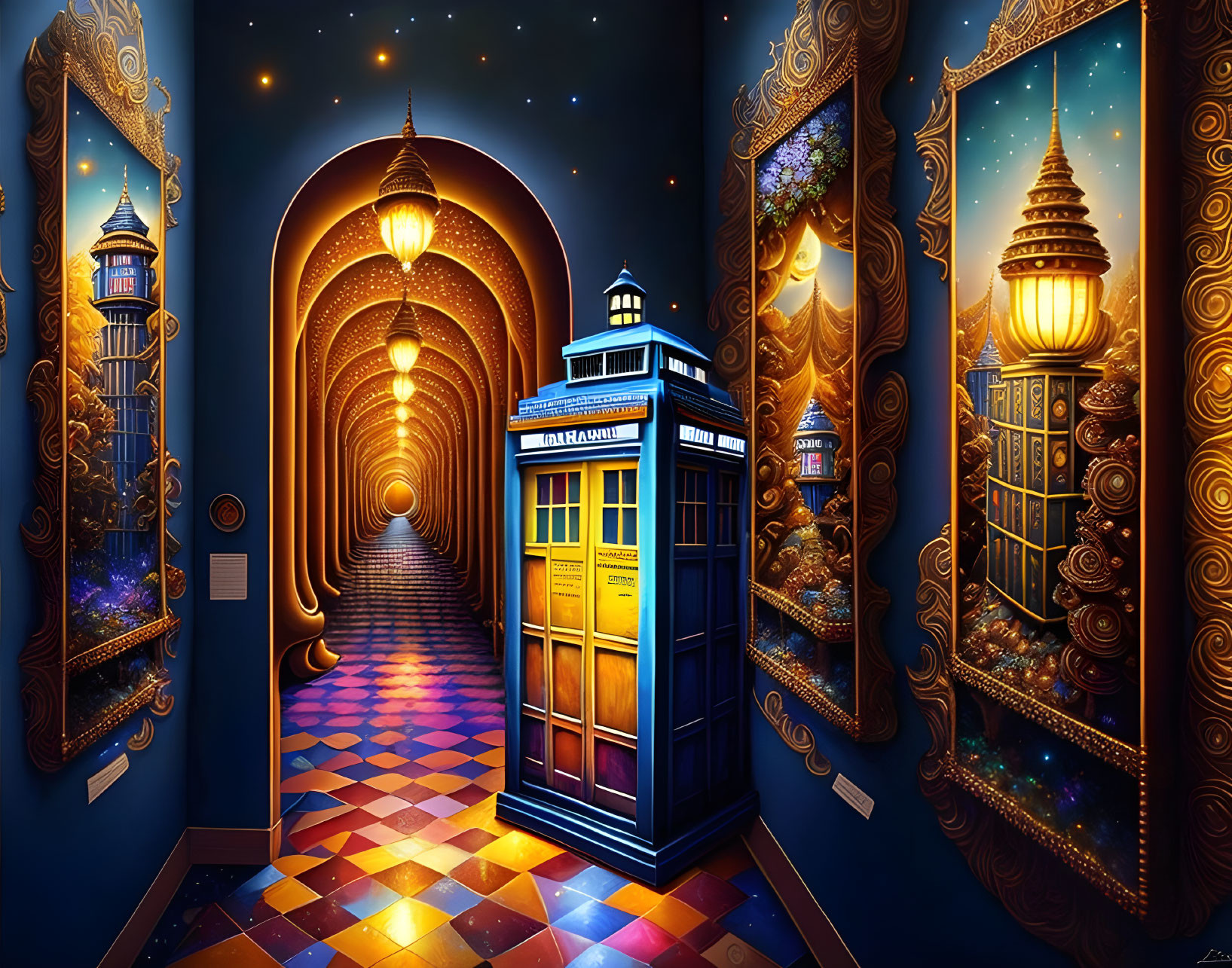 Surreal corridor with hanging lanterns and blue phone booth amid starry doorways