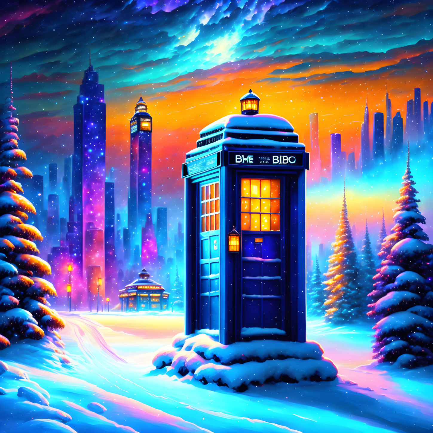 Digital Artwork: Blue Police Box in Snowy Landscape with Futuristic City & Auroras