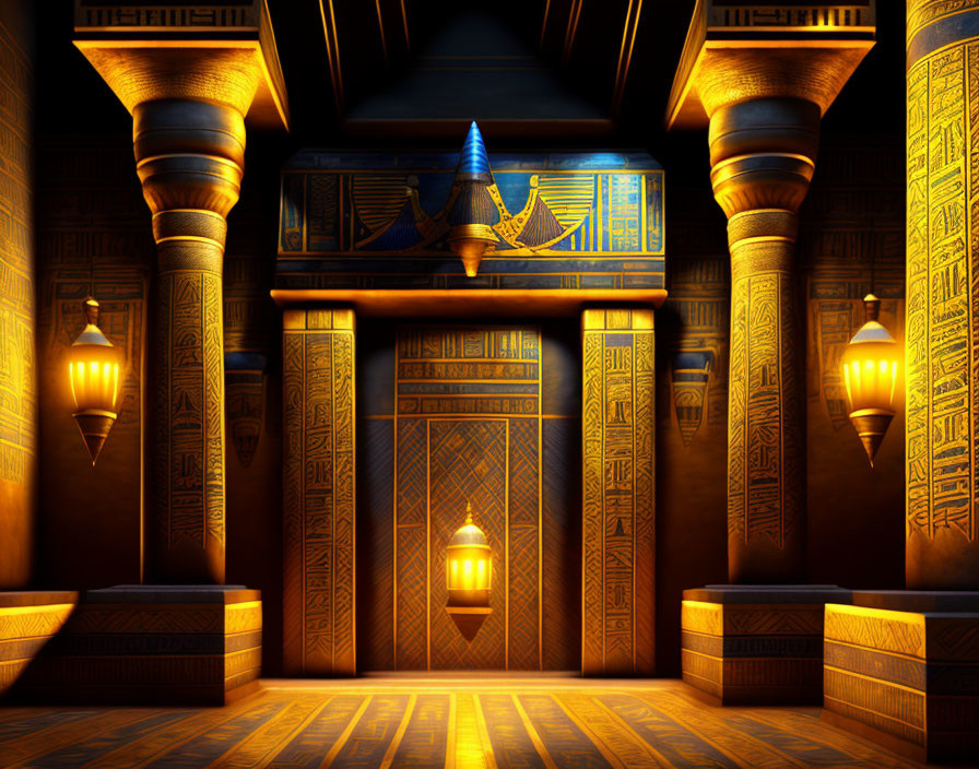 Egyptian Tomb Interior: Hieroglyphic Walls, Ornate Pillars, Glowing Lanterns