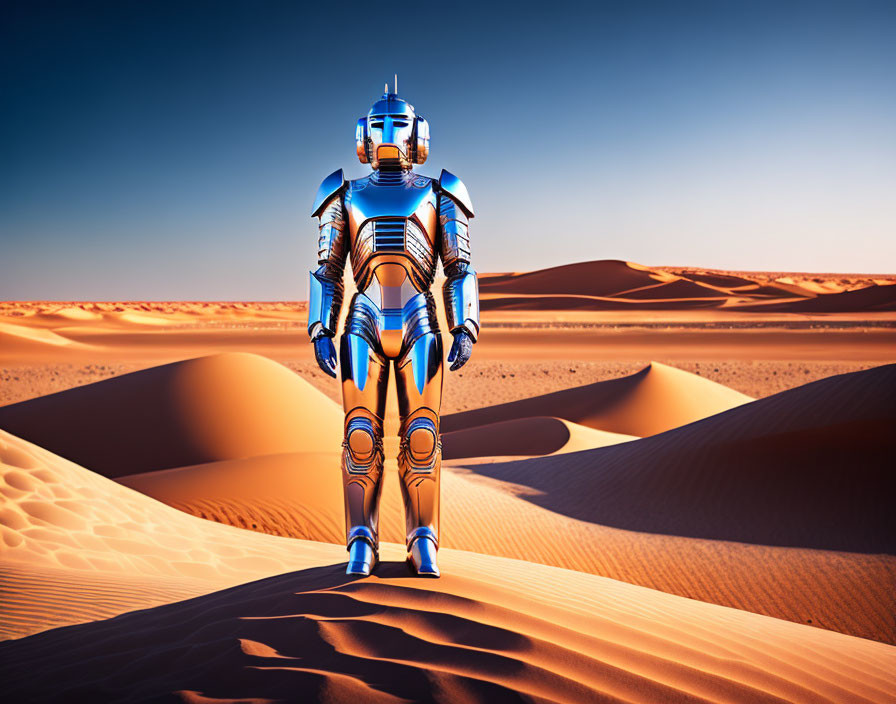 Blue futuristic robot in desert with sand dunes and clear sky