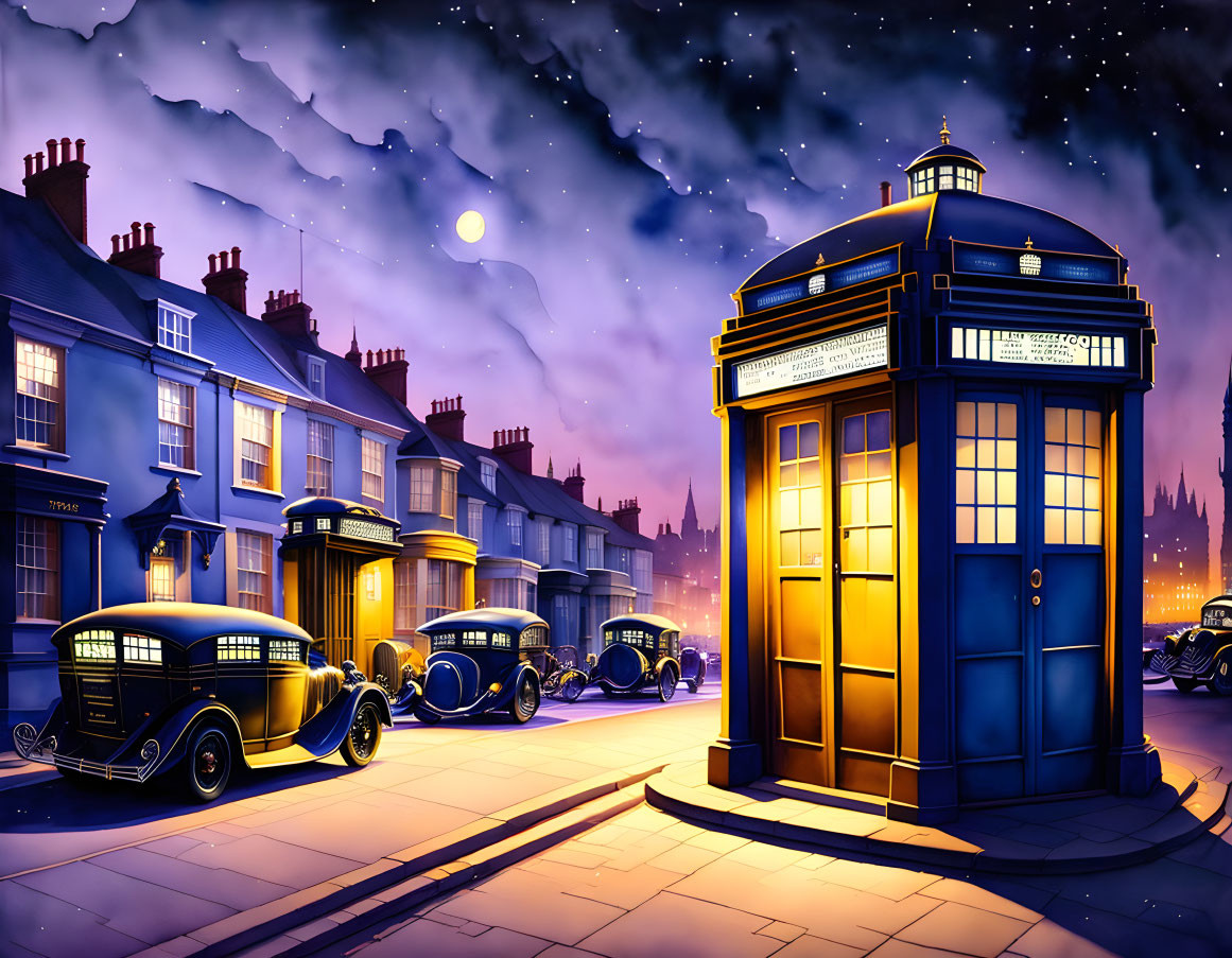 Classic blue police box on vintage street corner at night with old-fashioned cars under starry sky.