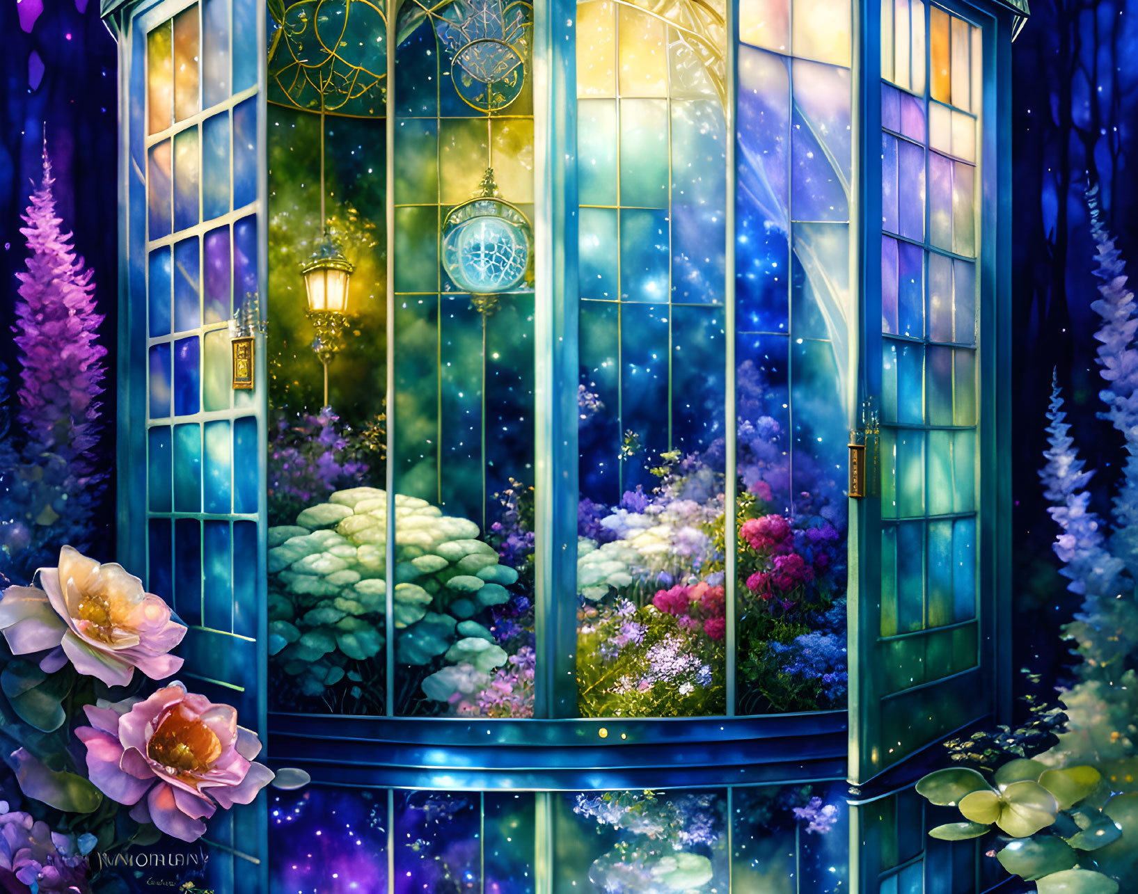 Illustration: Whimsical magical conservatory with vibrant flowers and glowing lanterns.