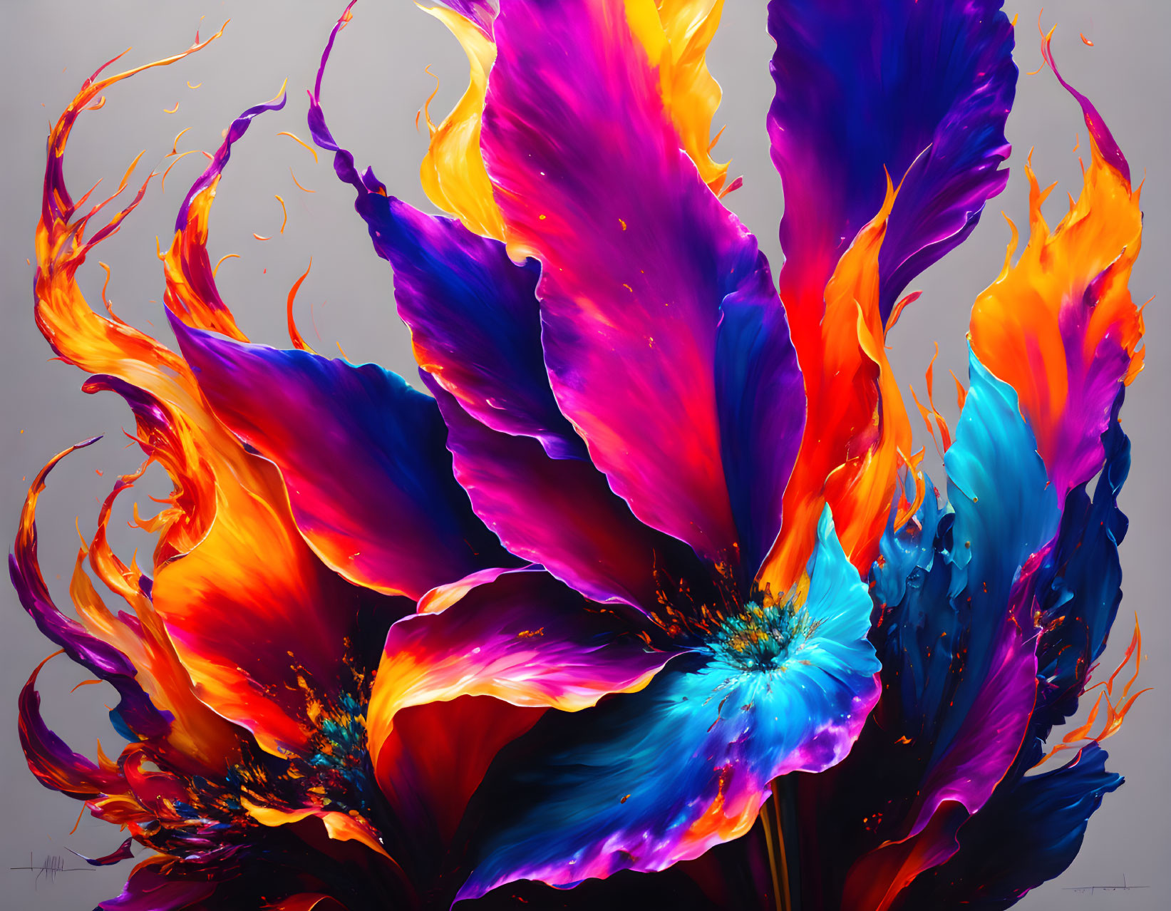 Colorful Abstract Painting: Fiery Orange and Yellow Flowers Merge with Purple and Blue