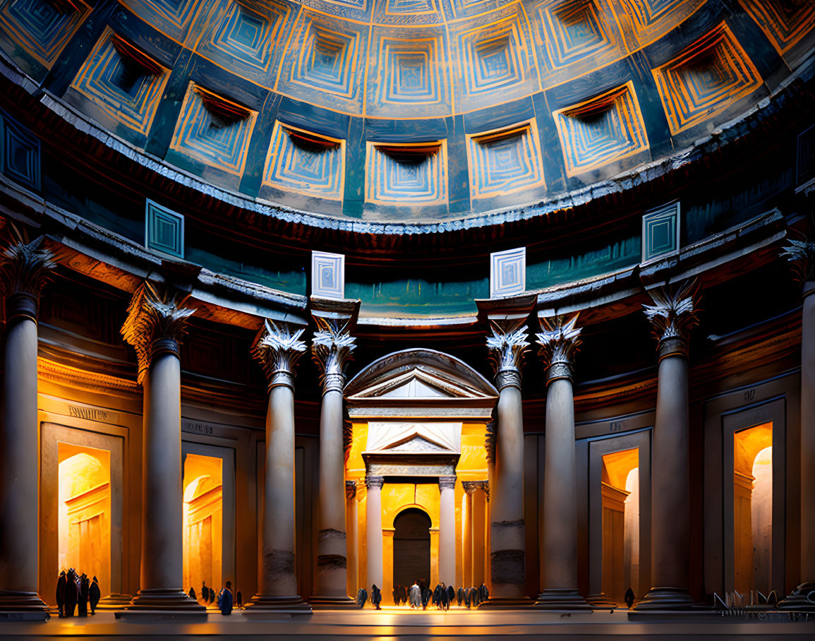 Coffered concrete dome with oculus and Corinthian columns in Pantheon, Rome