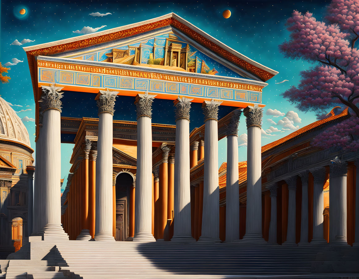 Digital artwork of grand classical building with Corinthian columns under twilight sky and pink-flowered trees