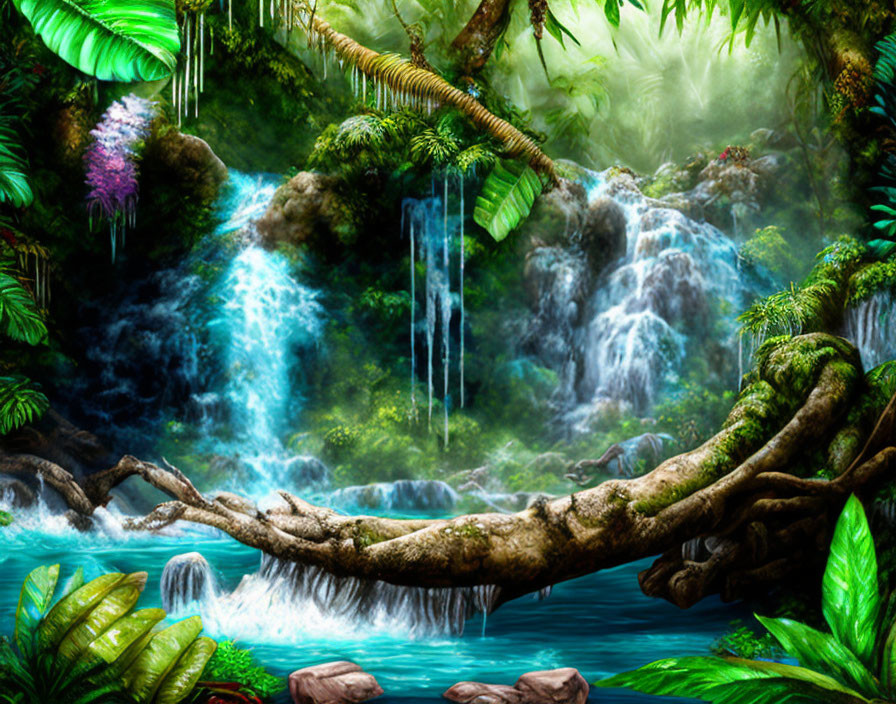 Lush jungle digital art with waterfall and green foliage