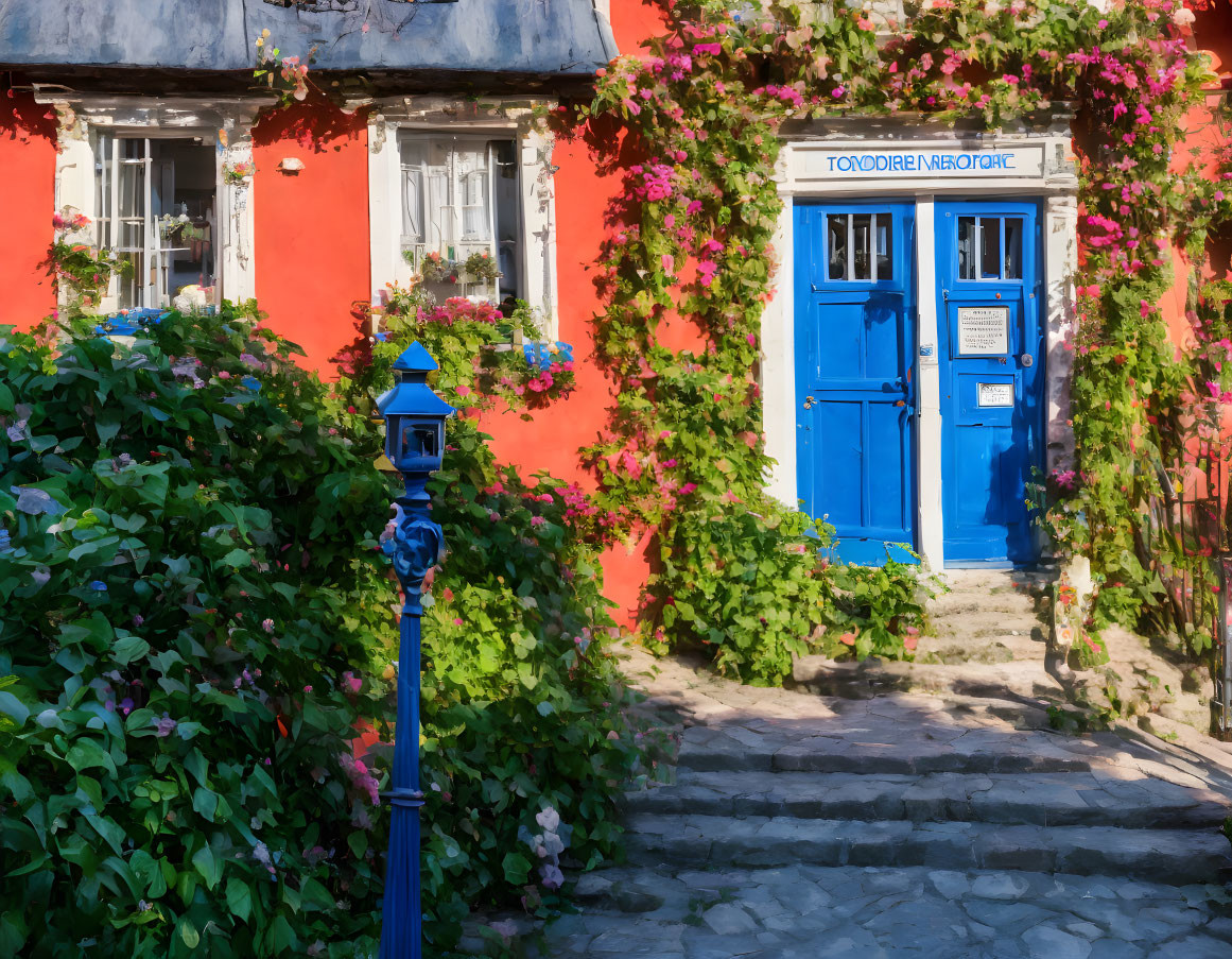 Charming red building with blue doors and blue street lamp surrounded by flowering vines