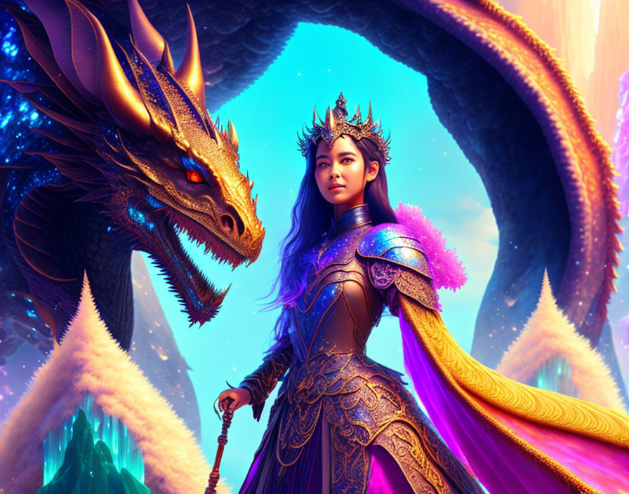 Majestic warrior queen and golden dragon in vibrant fantasy landscape