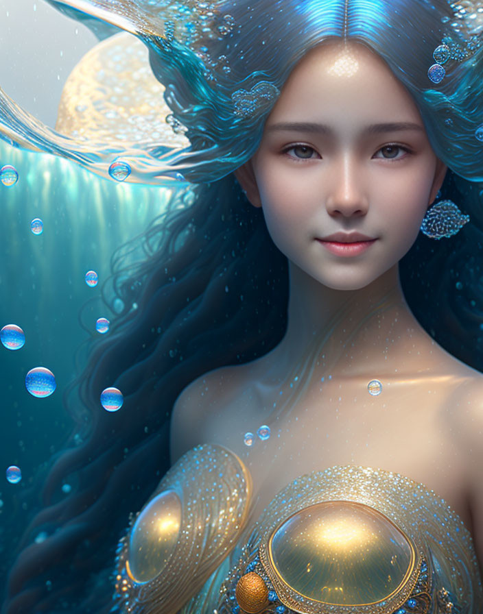 Mermaid with Blue Hair in Water with Golden Accessories and Moon Background