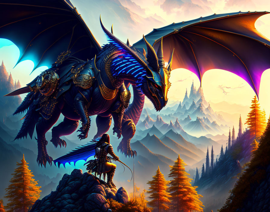 Majestic dragon with outstretched wings on rocky outcrop overlooking mystical landscape