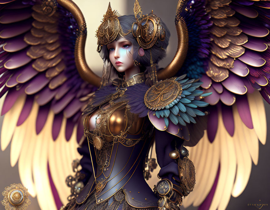 Digital artwork: Female character with purple and gold wings, ornate armor, and intricate helmet