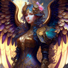 Digital artwork: Female character with purple and gold wings, ornate armor, and intricate helmet