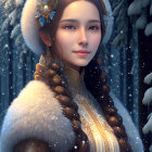 Woman in fur-lined cloak and gold-patterned dress in snowy forest