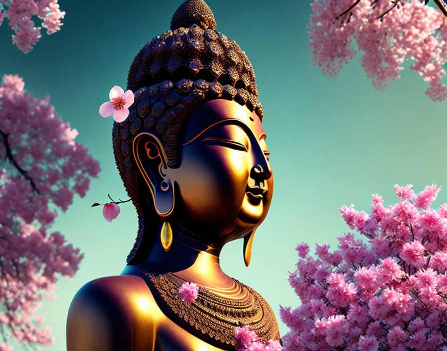 Golden Buddha Statue Surrounded by Pink Cherry Blossoms and Teal Sky