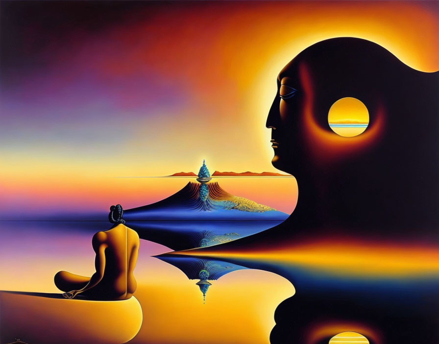 Surreal artwork of meditative figure by reflective water and flowing landscape.