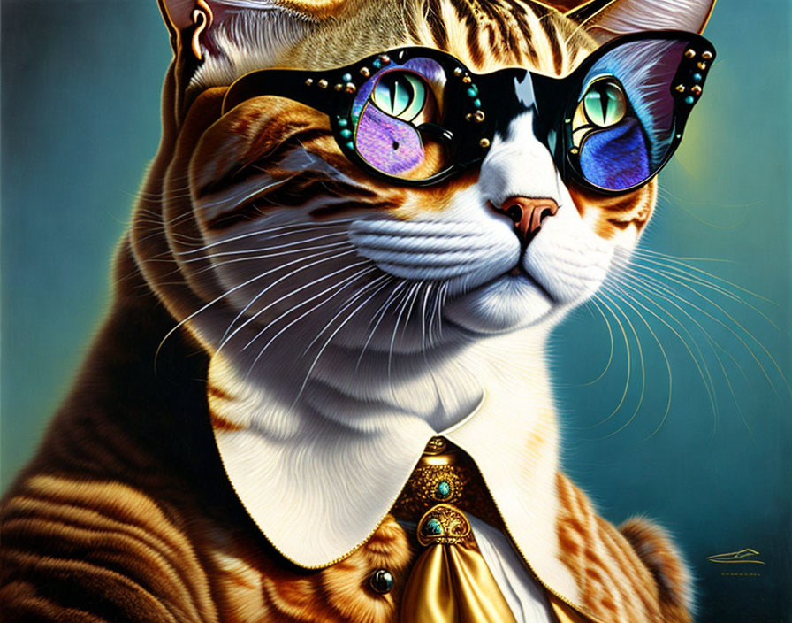 Stylized image of cat in colorful glasses and elegant attire