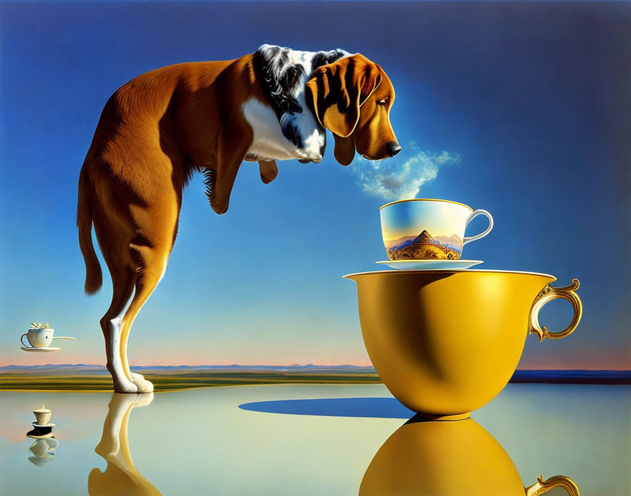 Dog gazing at cups reflecting landscapes on mirrored surface