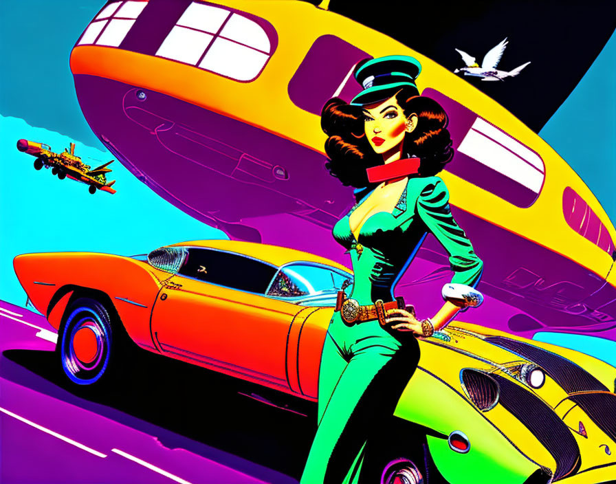 Stylized vintage flight attendant illustration with classic cars and plane on colorful backdrop