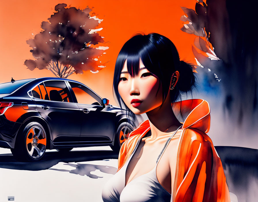 Asian woman with black car and abstract tree elements in digital art