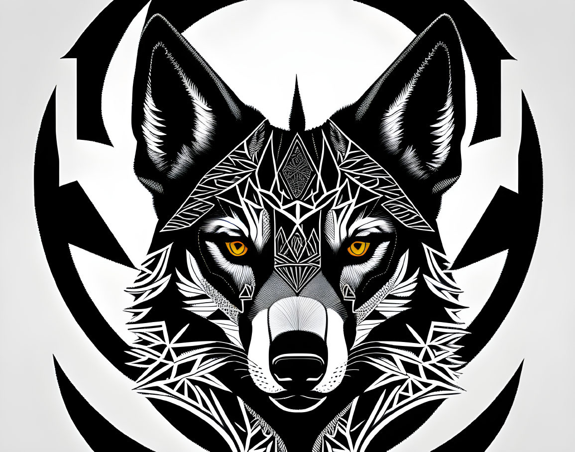 Monochrome wolf illustration with geometric patterns and yellow eyes