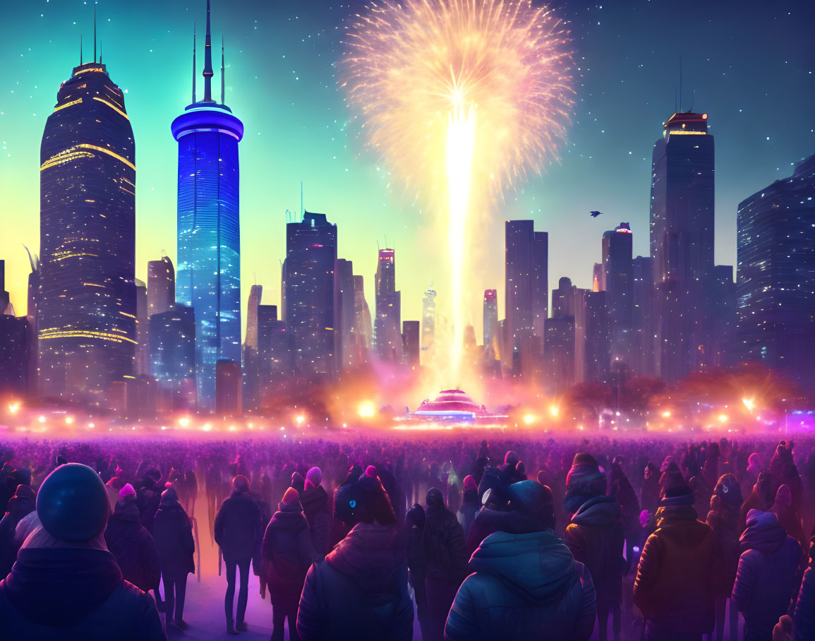 Spectators admire fireworks above colorful futuristic cityscape