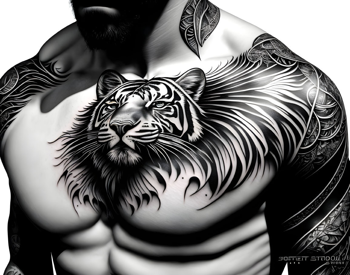 Detailed Black and White Tiger Chest Tattoo with Shoulder Patterns