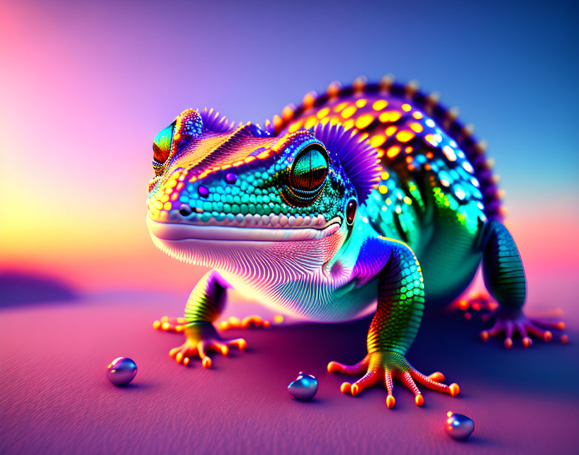 Colorful Gecko Artwork with Water Droplets on Smooth Surface