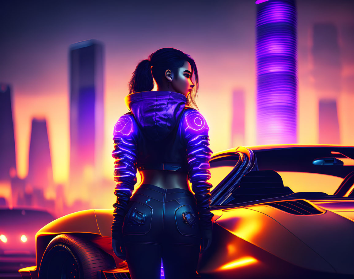 Futuristic jacket woman next to sleek car in neon cityscape at dusk