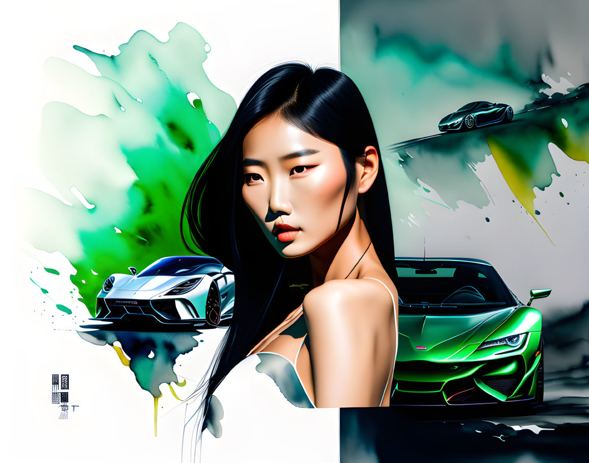 Stylized illustration of woman with black hair and green sports cars