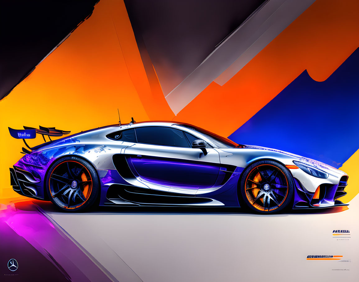 Silver Sports Car with Black and Blue Accents on Abstract Multicolored Background