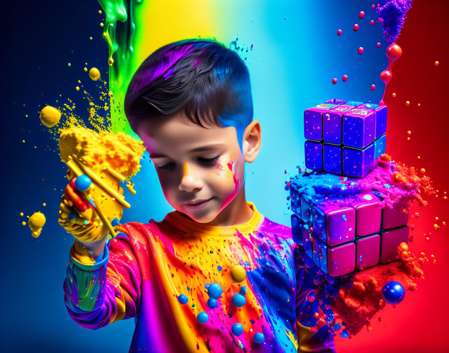 Boy with painted face holding holi powder among floating colorful cubes and vibrant paint splashes on dual-ton