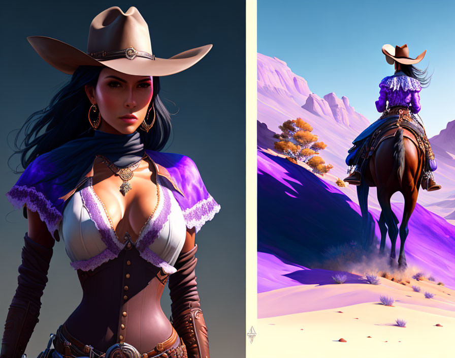 Female Cowgirl in Purple Outfit and Hat Riding Horse in Desert Landscape