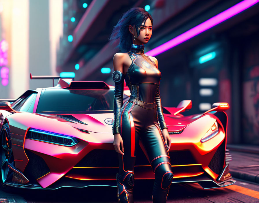 Futuristic woman with red sports car in neon cityscape