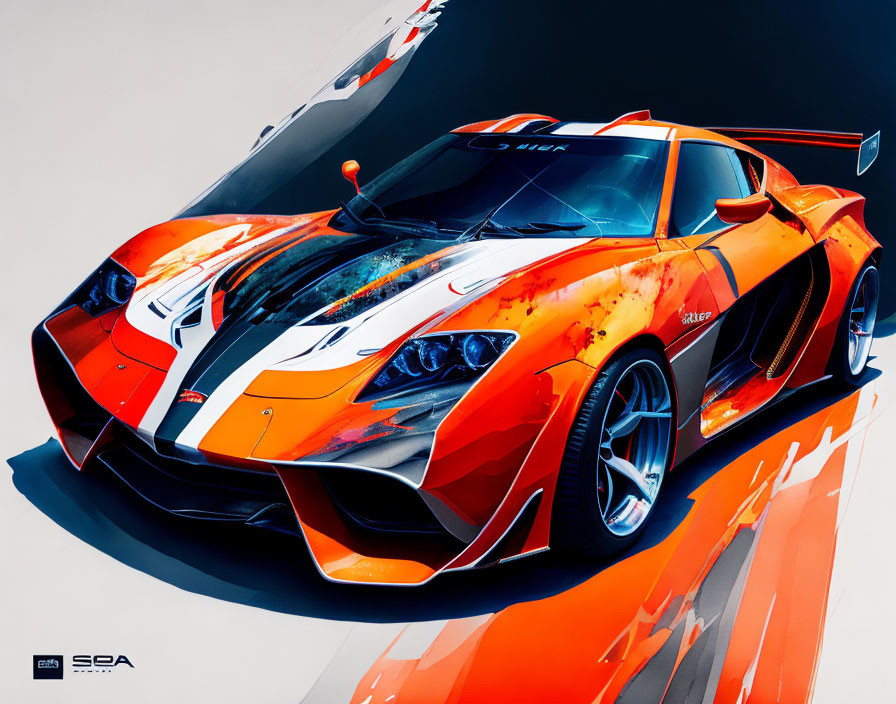 Dynamic Orange and White Race Car with Aerodynamic Design and Rear Wing on Abstract Background